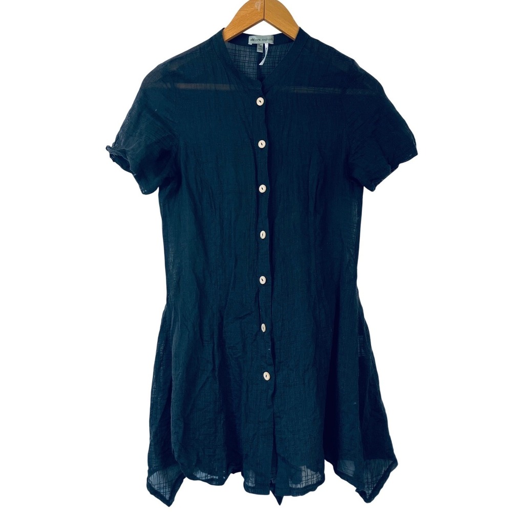 Obi New Zeland Silk Cotton Button Front Short Sleeve Tunic Dress Black Sz 14